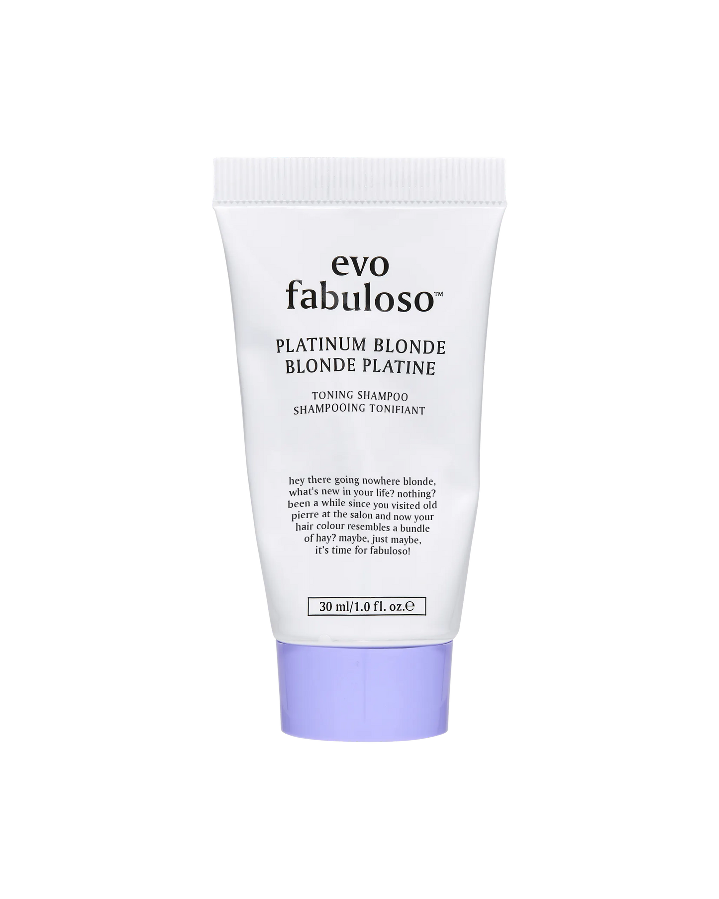 evo fabuloso Platinum Blonde Blonde shampoo tube on a white background