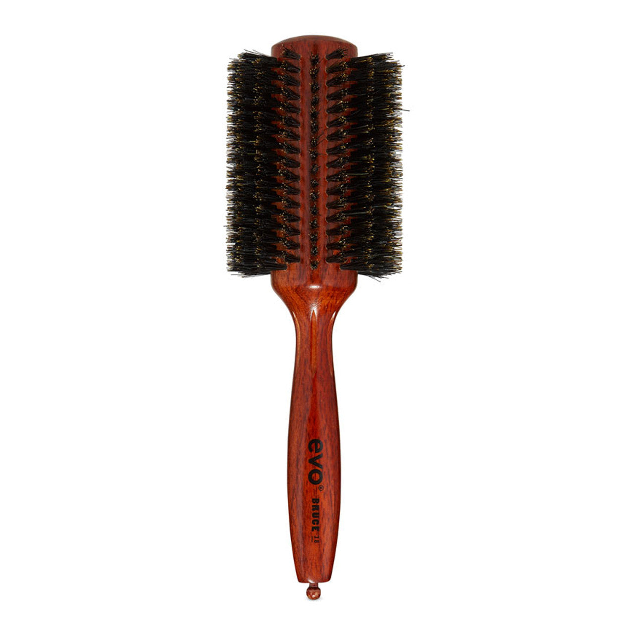 Round hairbrush with bristle head and wooden handle on a white background